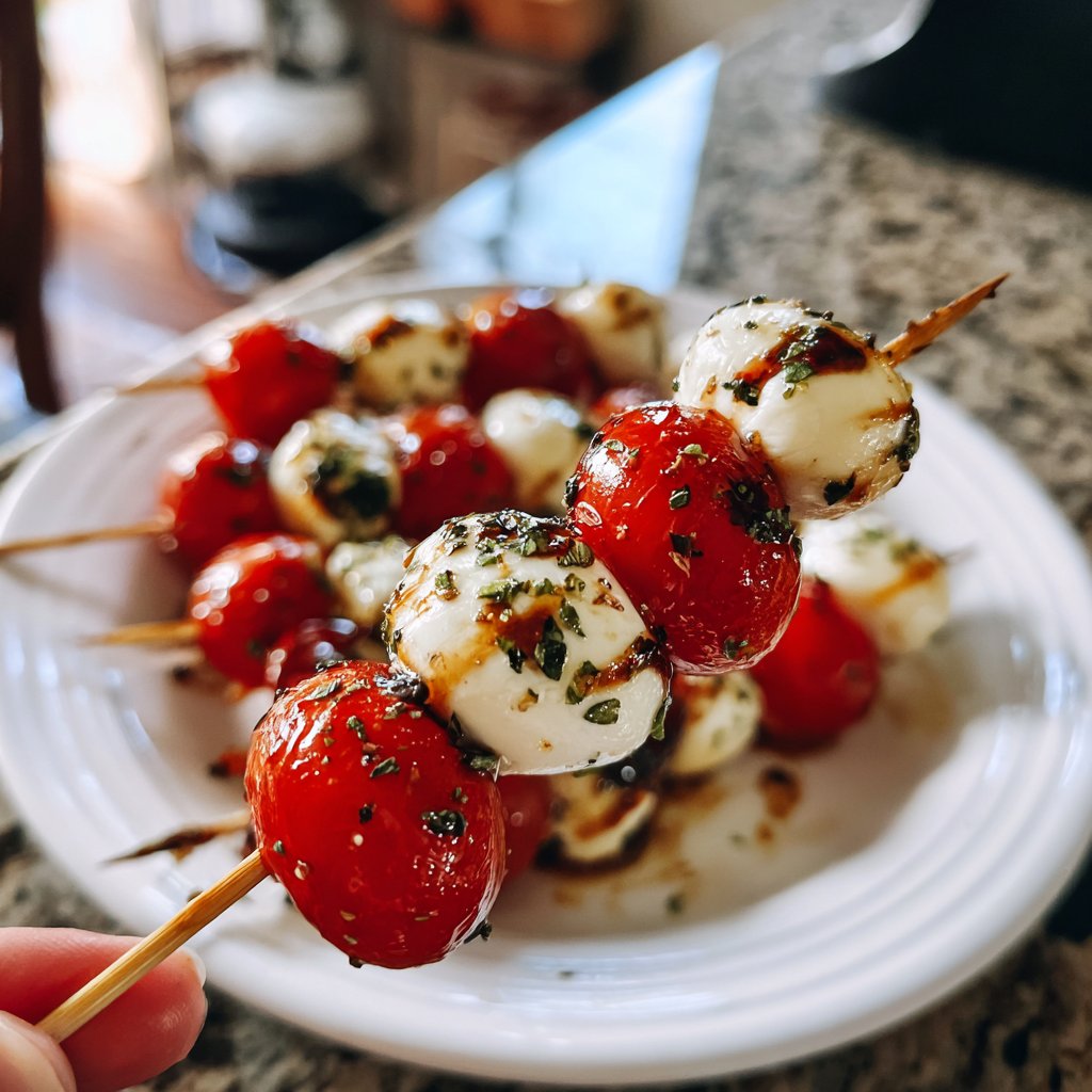 Caprese Skewers with Balsamic Pearls